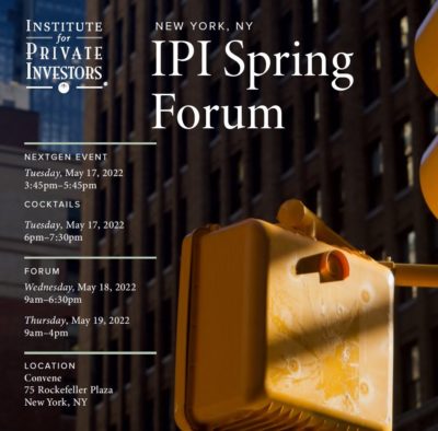 Photograph program cover for Institute for Private Investors Spring Forum 2022 meeting on Ronnie Stangler MD media and events page regarding presentation by Dr. Stangler on Reimagining Longevity: Epigenetic Engineering.