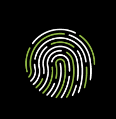 Single green and white representation of fingerprint against solid black background for Ronnie Stangler MD media and events page reviewing her family office presentation Genomics and Epigenetics: New Tools for Promoting Family Legacy.