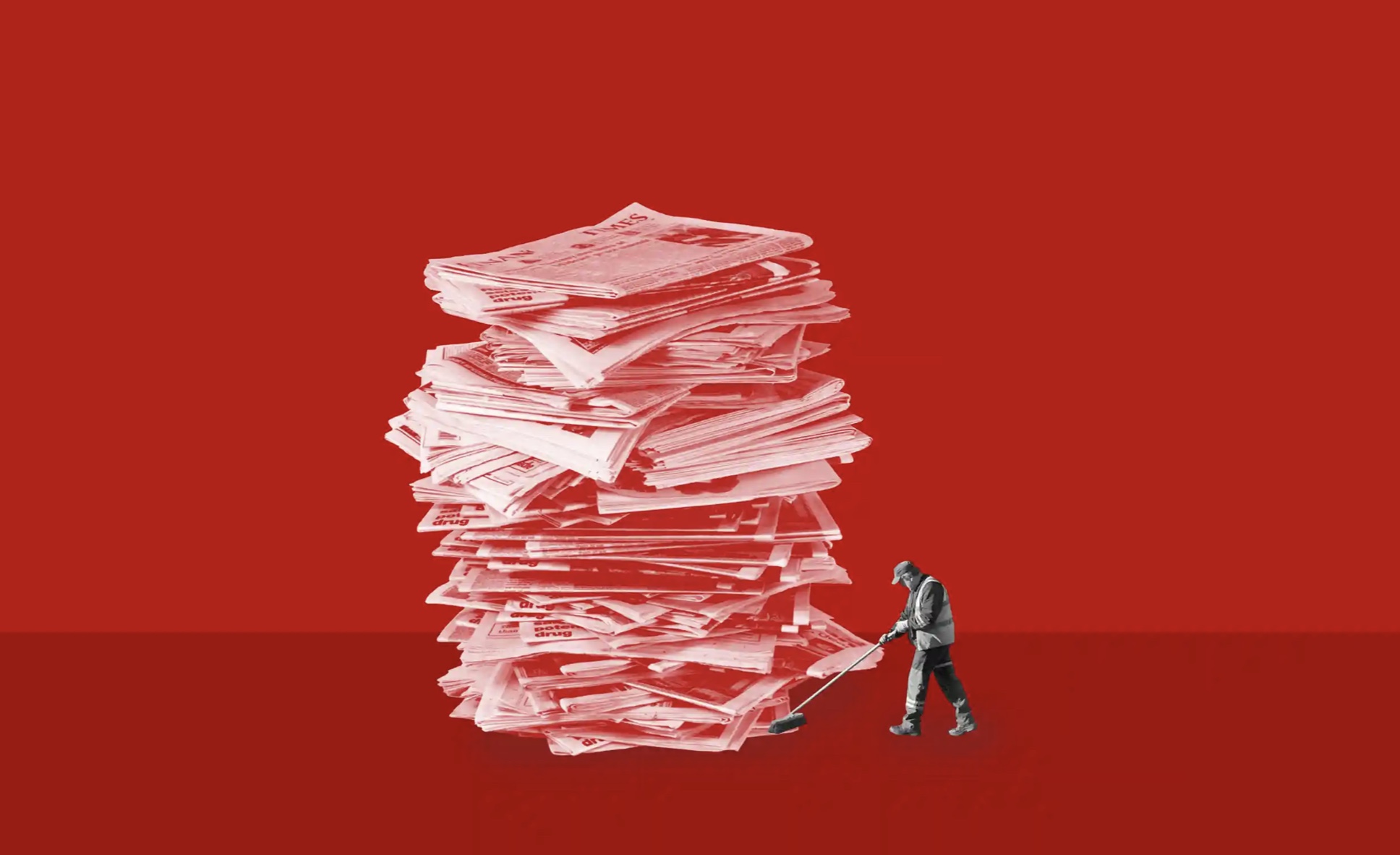 Photoshopped image of worker sweeping up large pile of discarded newspapers on Ronnie Stangler MD media and events page regarding article by Stangler in The Ageist, Direct-to-Consumer Genetic Testing: Not So Little White Lies